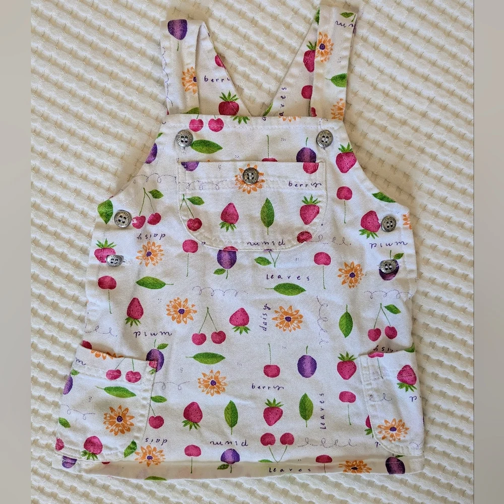 Vintage Oshkosh B'Gosh 90s Berry Fruit Daisy Floral White Overall Dress Size 2T